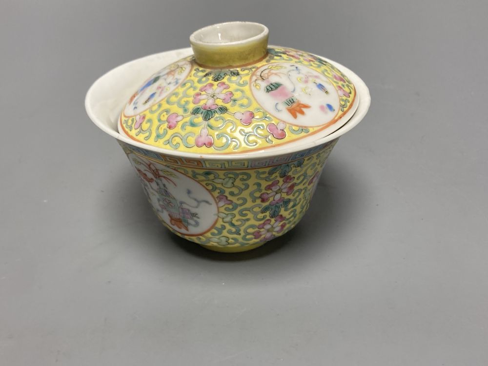 A Chinese yellow ground chupu, a famille rose tea bowl and a famille verte crackle glaze dragon bowl, diameter 18cm